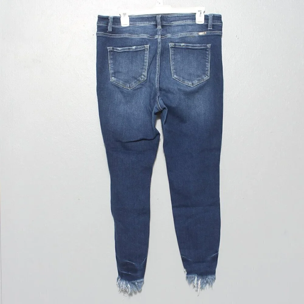 Kancan dark wash crop raw distressed hem stretch jeans